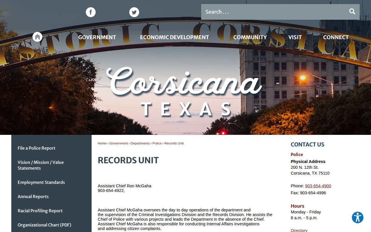 Corsicana Police Records Unit arrest-file request information