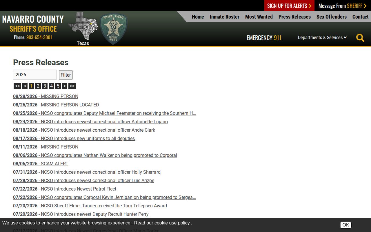 Navarro County arrest news on the sheriff's official press-release page