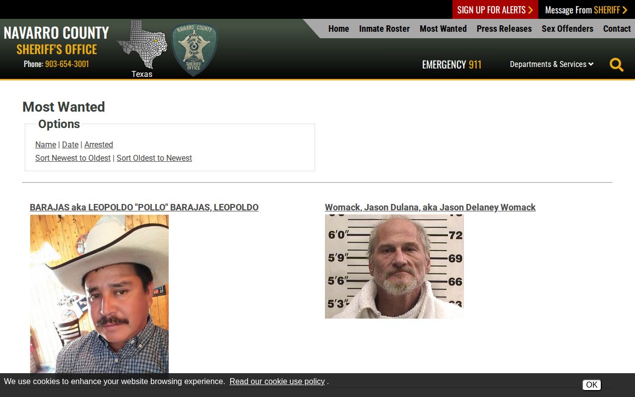 Navarro County Sheriff's Office wanted fugitives list interface