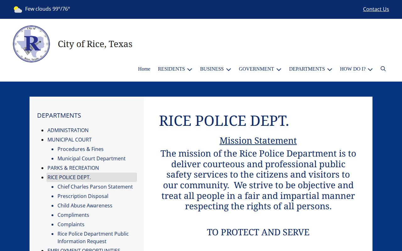 Rice Police Department contact page for Rice, Texas booking-record requests